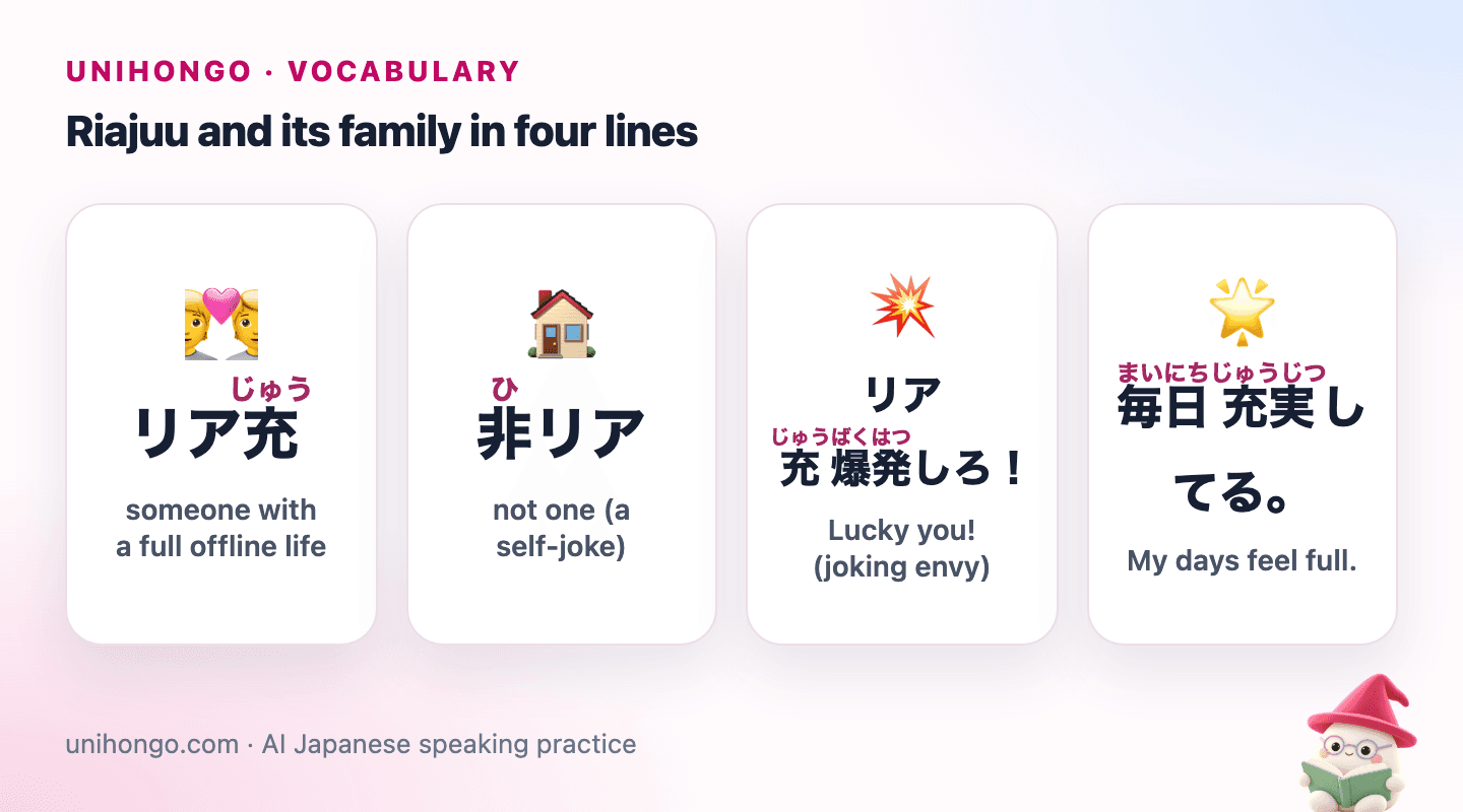 Four picture cards: a happy couple with friends, a person relaxing alone at home, a cartoon burst for the joking envy, and a shining star for a fulfilling life.