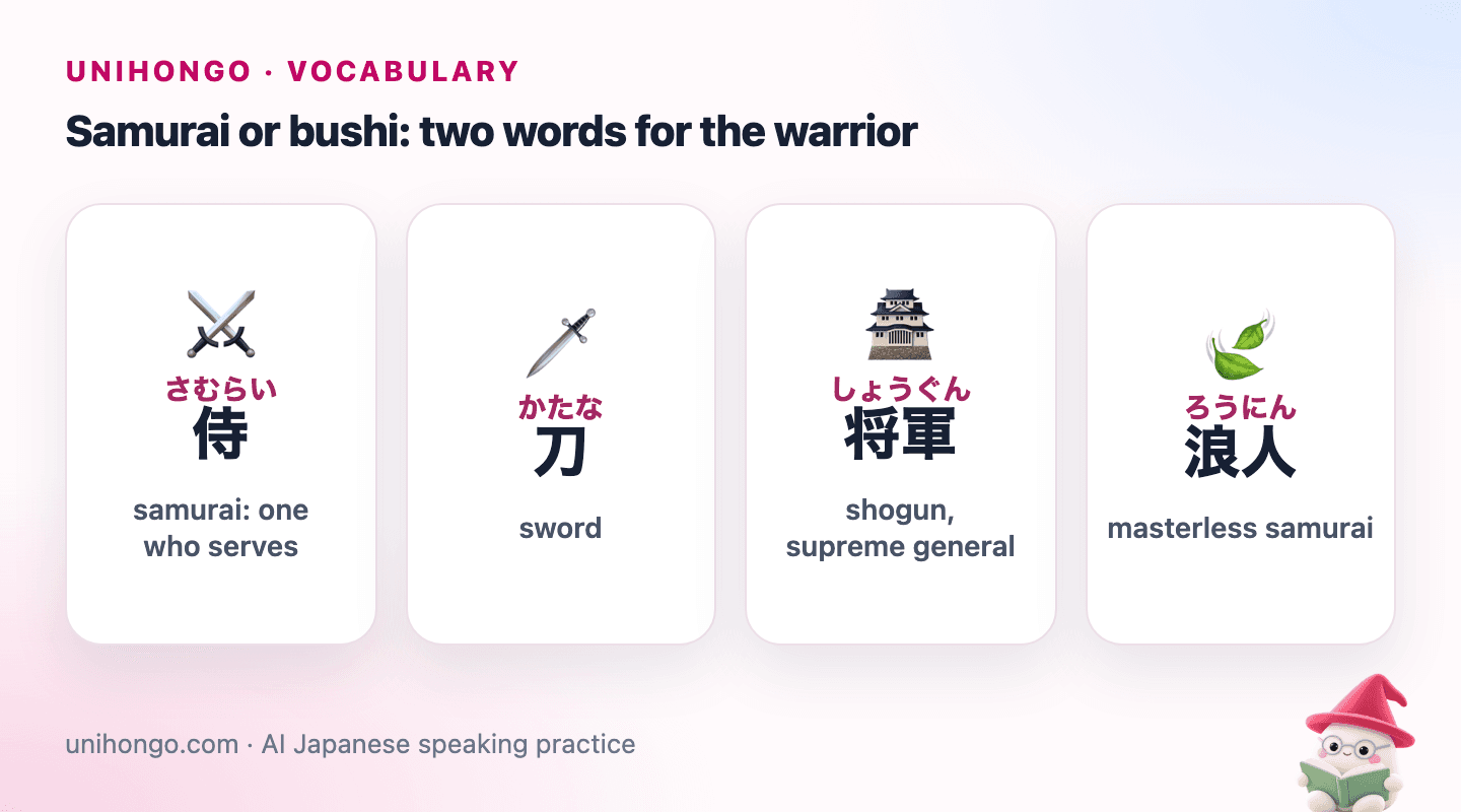 Four picture cards in a row showing the Japanese words for samurai, sword, shogun and a masterless samurai, each with its reading