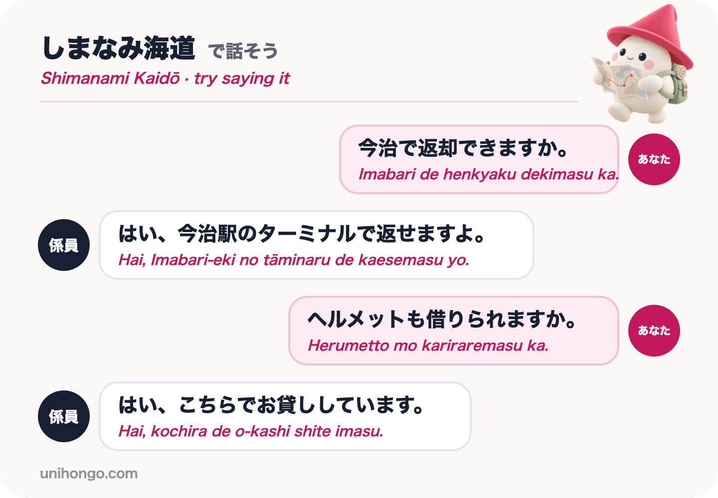 Rozhovor o čtyřech replikách mezi cyklistou a personálem půjčovny o vrácení kola v Imabari a zapůjčení helmy v japonštině s romaji