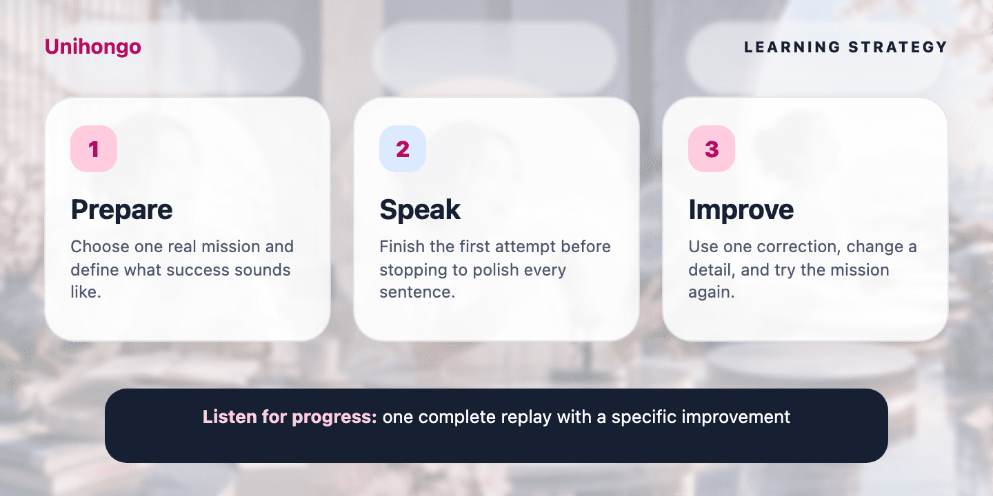 Three-stage visual practice journey for learners who want to finish a useful speaking loop every day