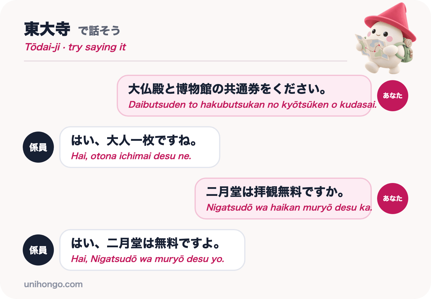 Nelirivinen chat vierailijan ja lipunmyyjän välillä osoitteessa Tōdai-ji, yhdistelmälipun ostaminen ja kysyminen, onko Nigatsudō ilmainen, japaniksi romajilla