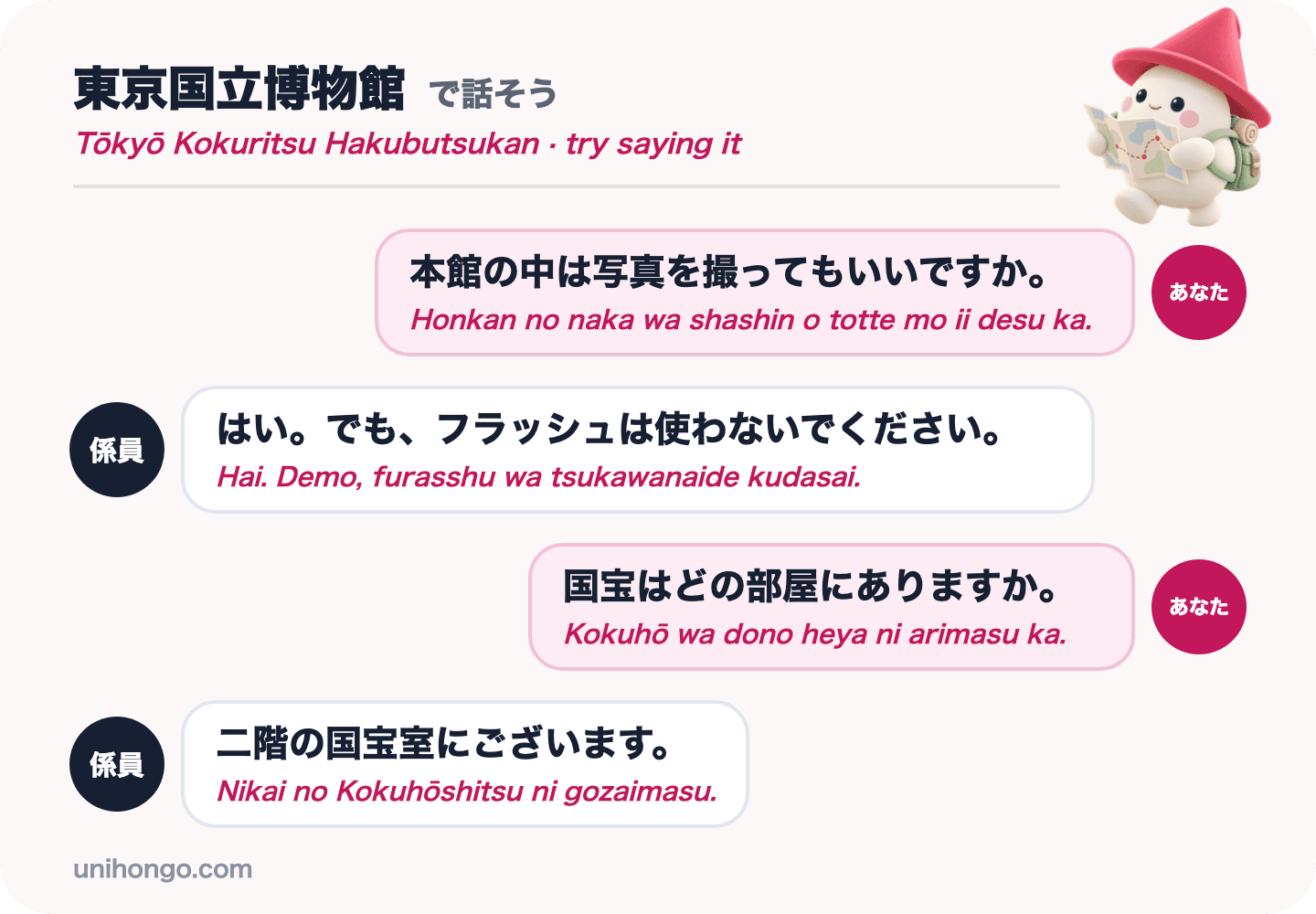 A four-line chat between a visitor and a gallery attendant at the Tokyo National Museum about photography and the National Treasure room, in Japanese with romaji