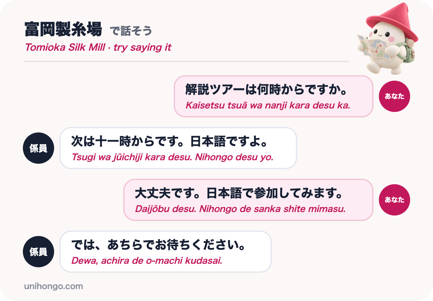 Percakapan empat kalimat antara pengunjung dan anggota staf di Pabrik Sutra Tomioka, menanyakan kapan tur berpemandu berikutnya dimulai dan setuju untuk bergabung dalam bahasa Jepang, dalam bahasa Jepang dengan romaji