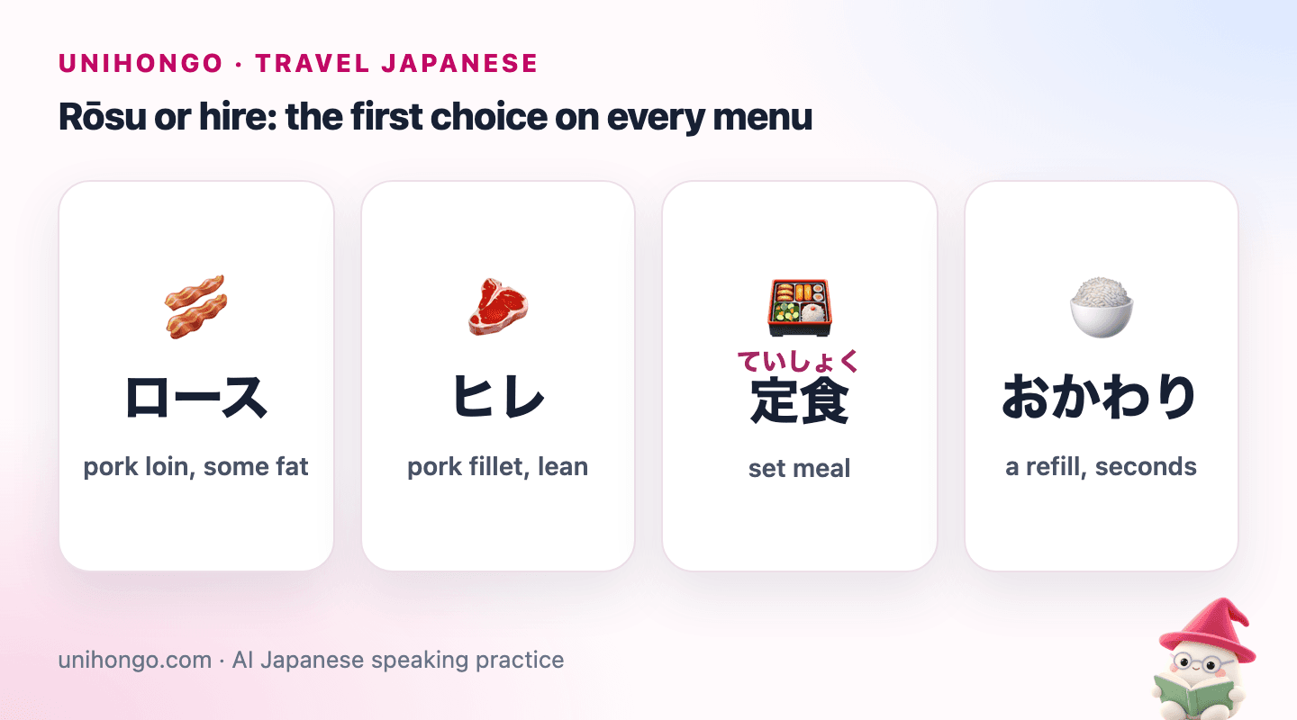 Four picture cards: pork loin cutlet, pork fillet cutlet, a set meal tray, and a refill of rice