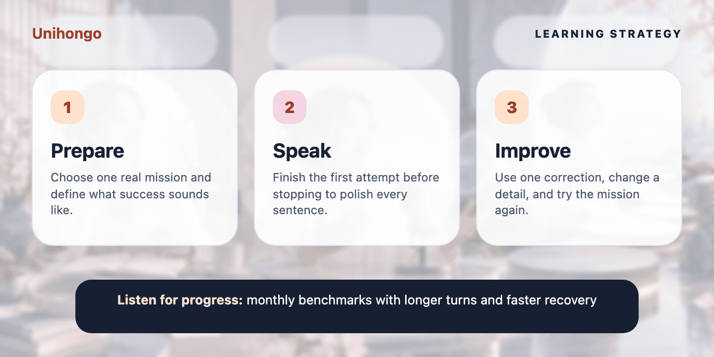 Three-stage visual practice journey for learners who want to move from short controlled answers to flexible conversation
