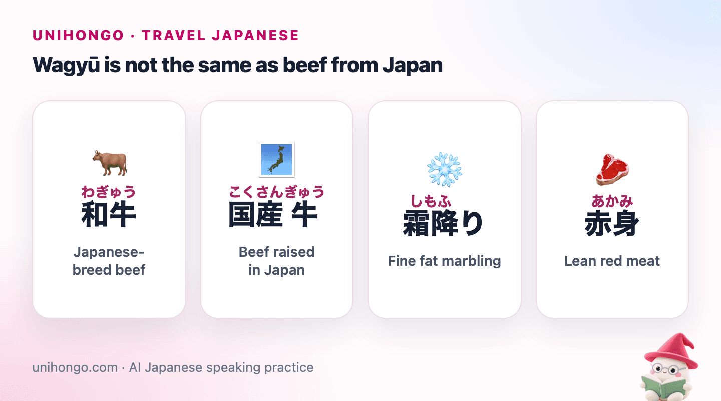 Four picture cards: a bull for wagyu, a map of Japan for domestic beef, a snowflake for marbling and a red steak for lean meat.