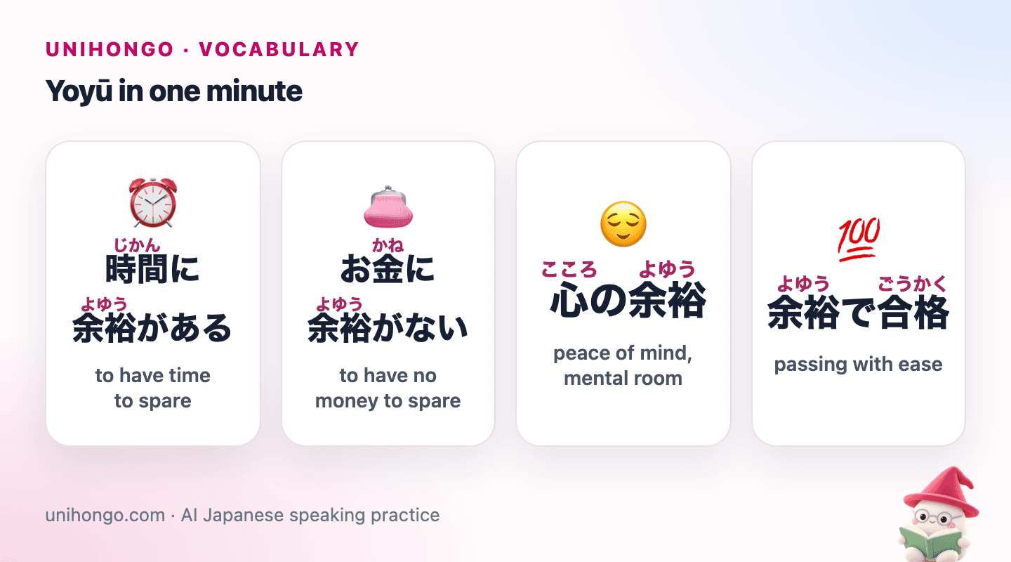 Four picture cards: a clock showing time to spare, a wallet with money left over, a calm person breathing deeply, and a student giving a thumbs-up after an easy test.