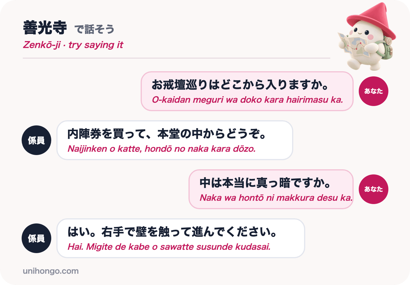 Rozhovor o čtyřech replikách mezi návštěvníkem a návštěvníkem chrámu v Zenkō-ji s dotazem, kde začíná Okaidan a zda je opravdu tma, v japonštině s romaji