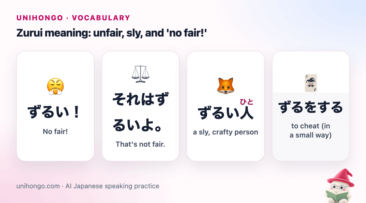 Four picture cards: a playful 'no fair!' pout, a balance scale tipped unfairly, a sly fox, and a card hidden up a sleeve.