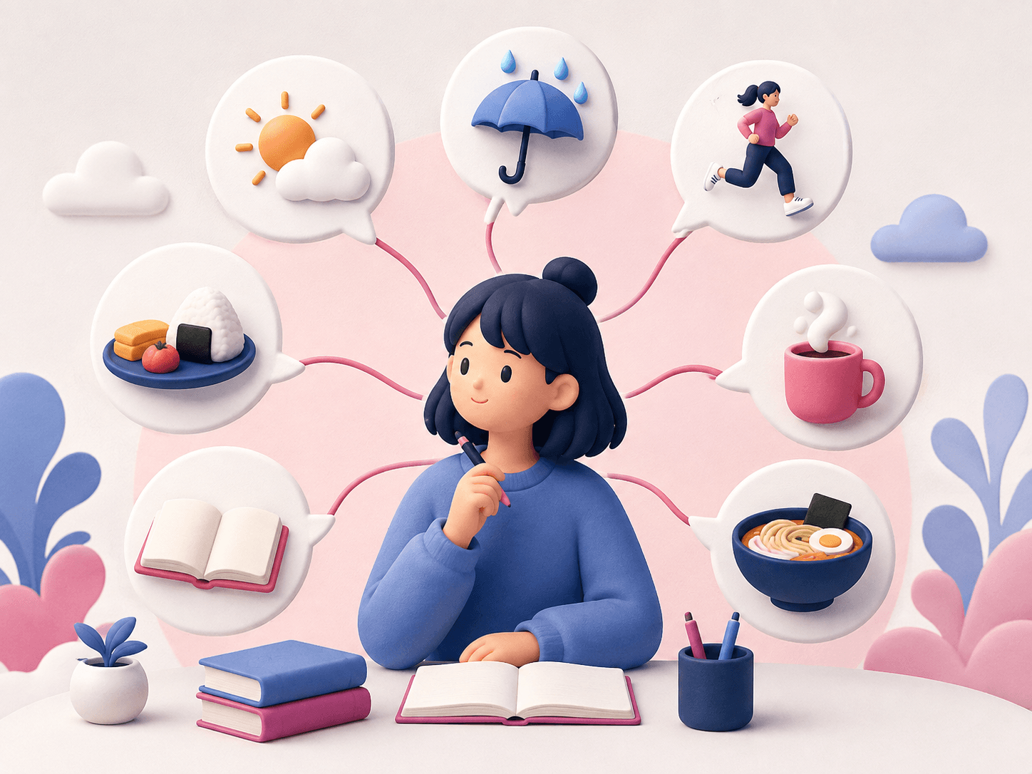 Learner connecting Japanese speech bubbles directly to everyday scenes and ideas