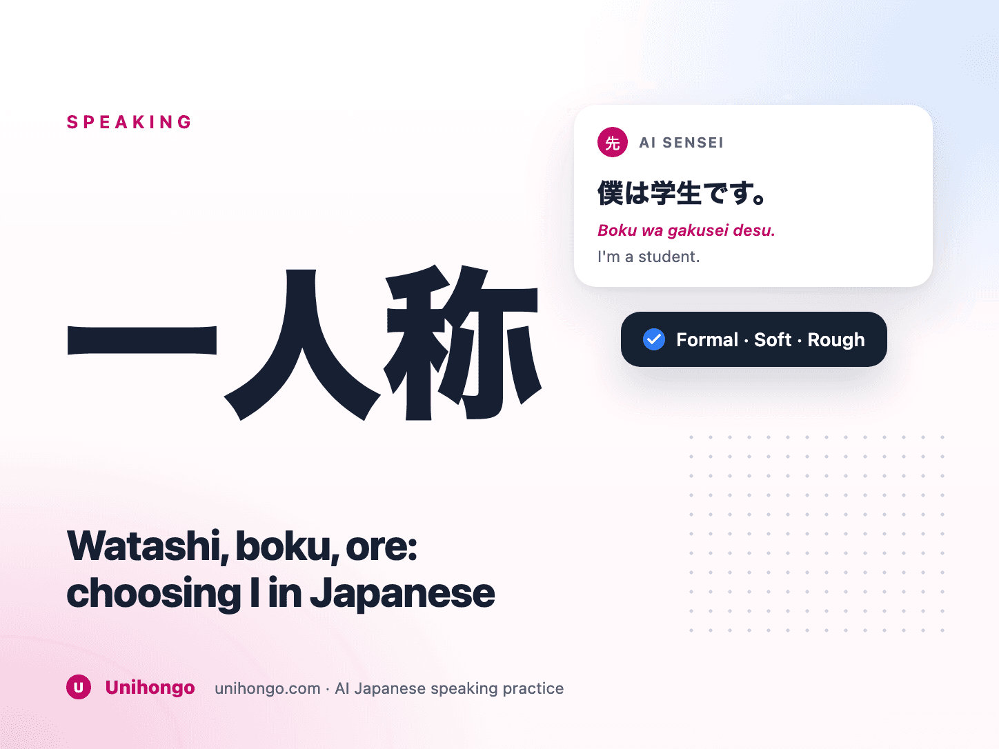 Sprechblasen zeigen verschiedene japanische Wörter für „I“ in verschiedenen sozialen Umgebungen