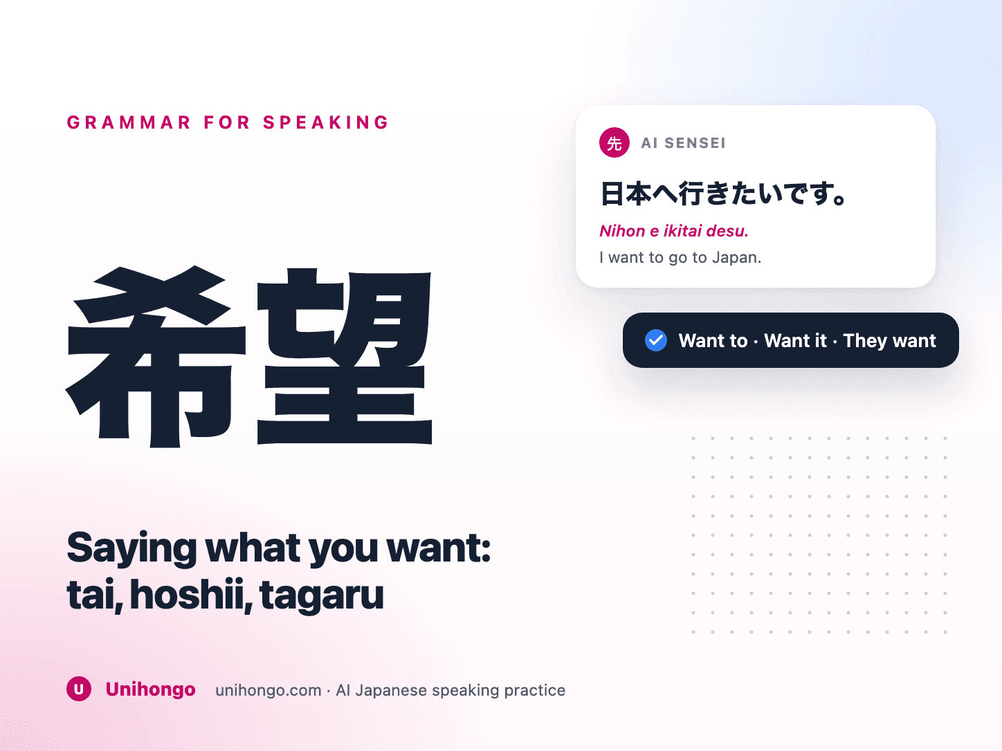 Speech bubbles showing Japanese wanting patterns for actions, things, and requests
