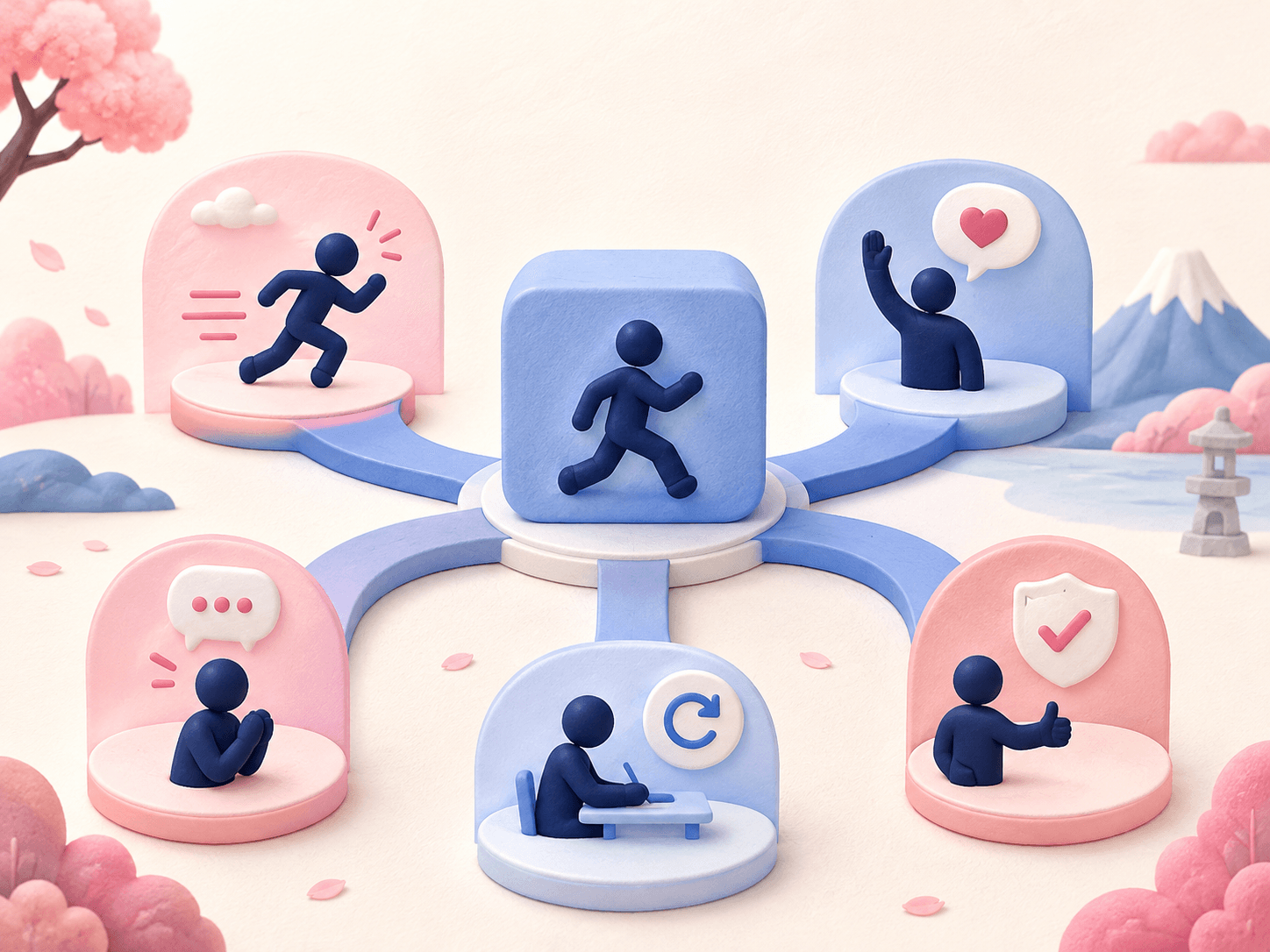 Terminaisons verbales japonaises en forme de te connectées comme des branches sur une carte d'apprentissage