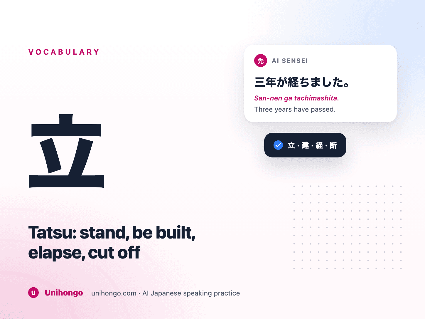 A standing figure, a rising building, a clock face and a cut cord around one Japanese verb