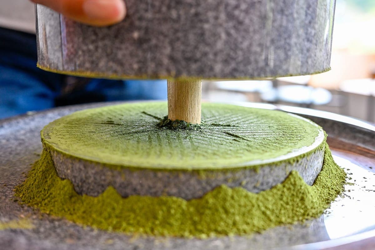 Close-up de um moinho de pedra de granito moendo folhas secas de chá verde em pó fino verde brilhante matcha