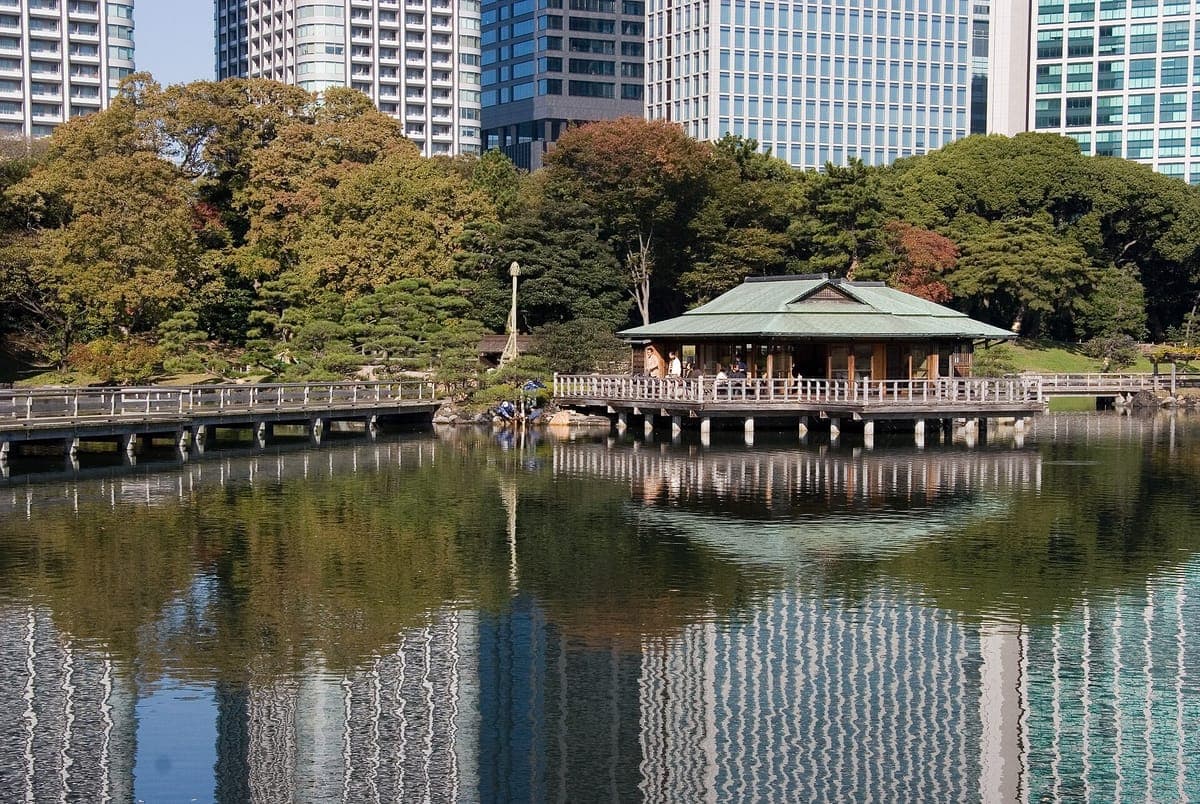 Nakajima no Ochaya, una casa da tè in legno su palafitte sopra lo stagno soggetto alla marea in Hama-rikyū, con il suo riflesso nell'acqua e torri di uffici dietro gli alberi