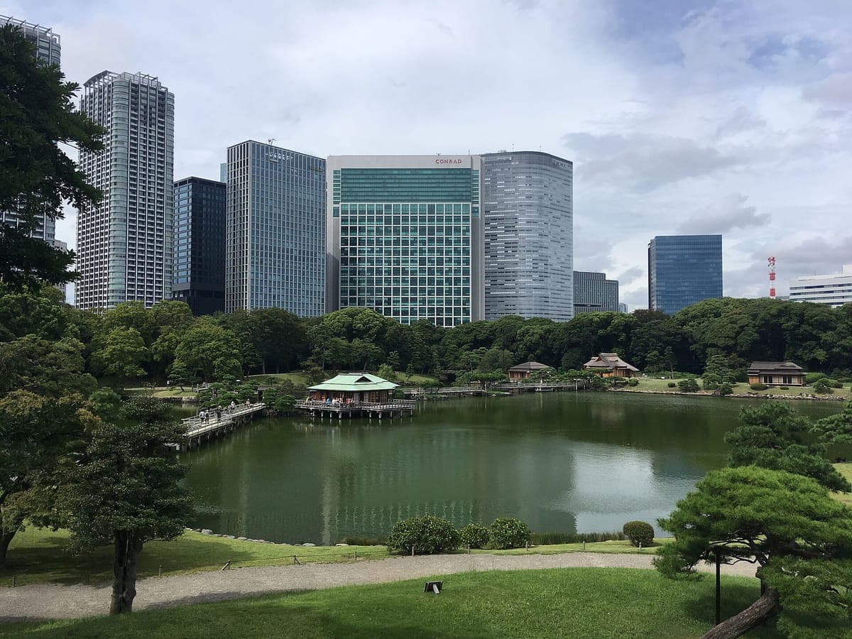 L'ampio stagno soggetto alla marea nei giardini Hama-rikyū con una piccola casa da tè sulla riva opposta, pini potati in primo piano e i grattacieli di Shiodome dietro