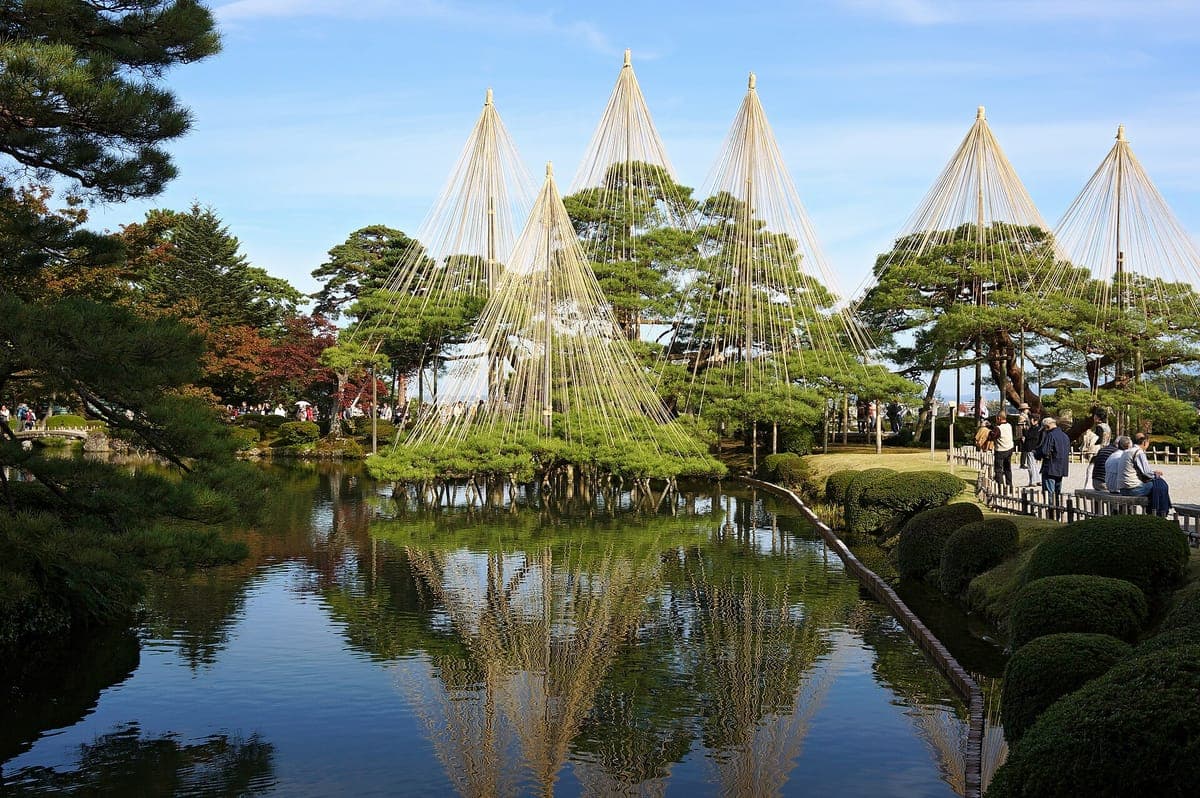 Ang mga puno ng pine na nakatali na may hugis-kono na mga lubid na frame ng yukitsuri na makikita sa Kasumiga-ike pond sa Kenroku-en sa ilalim ng asul na kalangitan