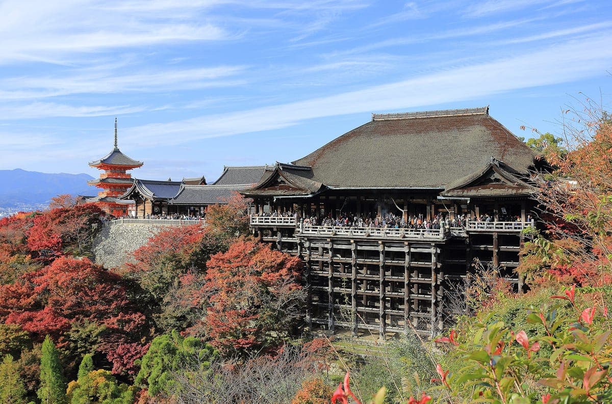Kiyomizu-dera'nın kırmızı ve turuncu akçaağaçlardan oluşan bir yamacın üzerindeki ahşap sütunlardan oluşan kafesi üzerindeki ana salonu ve arkasında kırmızı renkli üç katlı pagoda