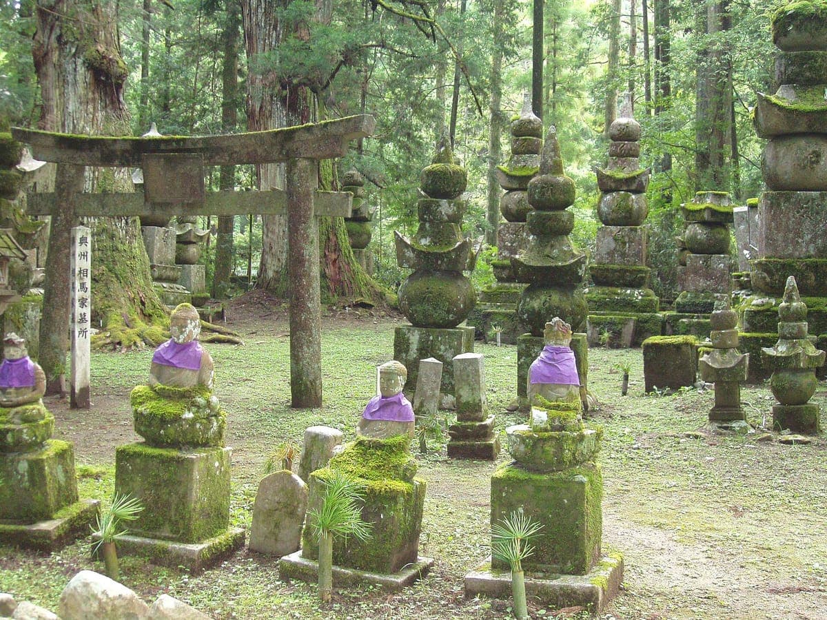 Покрытые мхом каменные могильные башни и маленькие Jizō статуи в красных и фиолетовых нагрудниках среди высоких кедров на Okunoin кладбище в Kōyasan