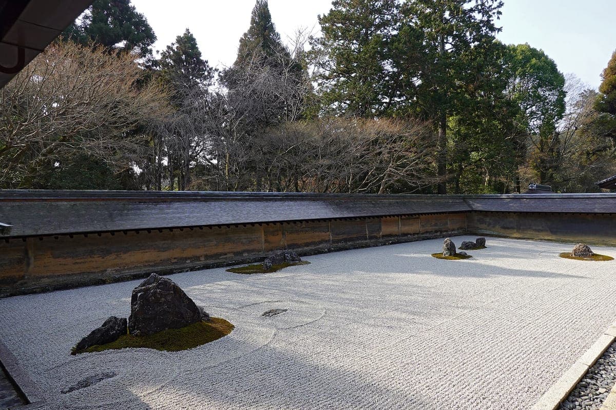 El Ryōan-ji jardín de rocas, un rectángulo de grava blanca rastrillada con grupos de piedras sobre pequeñas manchas de musgo, bordeado por un viejo muro de arcilla con árboles más allá