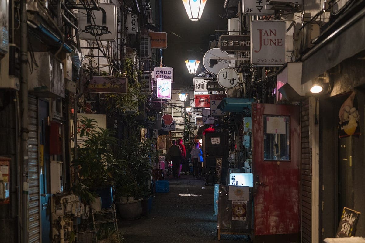 Una calle estrecha en Shinjuku Golden Gai por la noche con pequeños bares, carteles colgantes, plantas en macetas y linternas tenues.