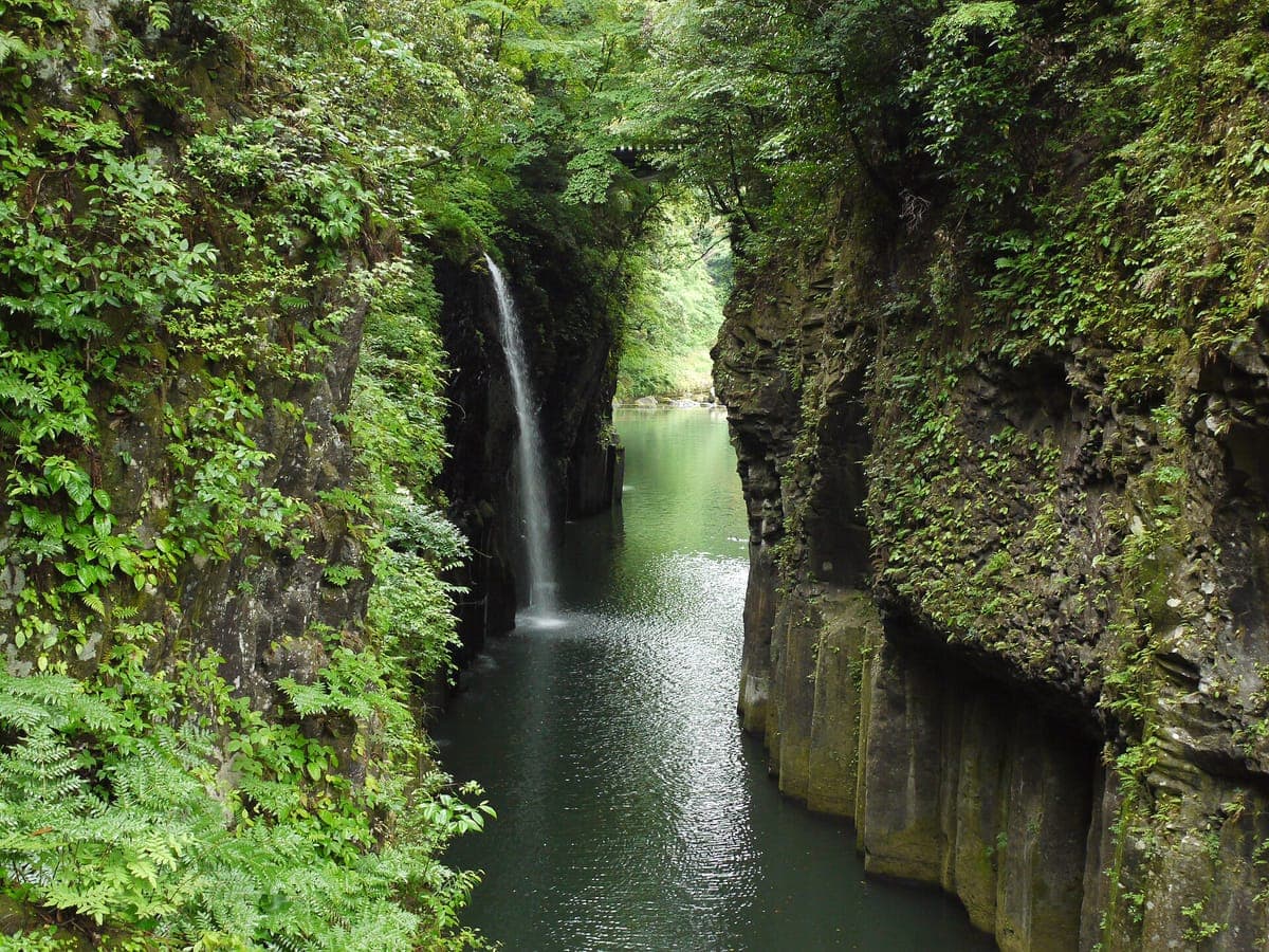 Vodopády Manai stékající z mechového útesu do zelené řeky Takachiho Gorge mezi strmými stěnami sloupovité skály pokryté kapradím