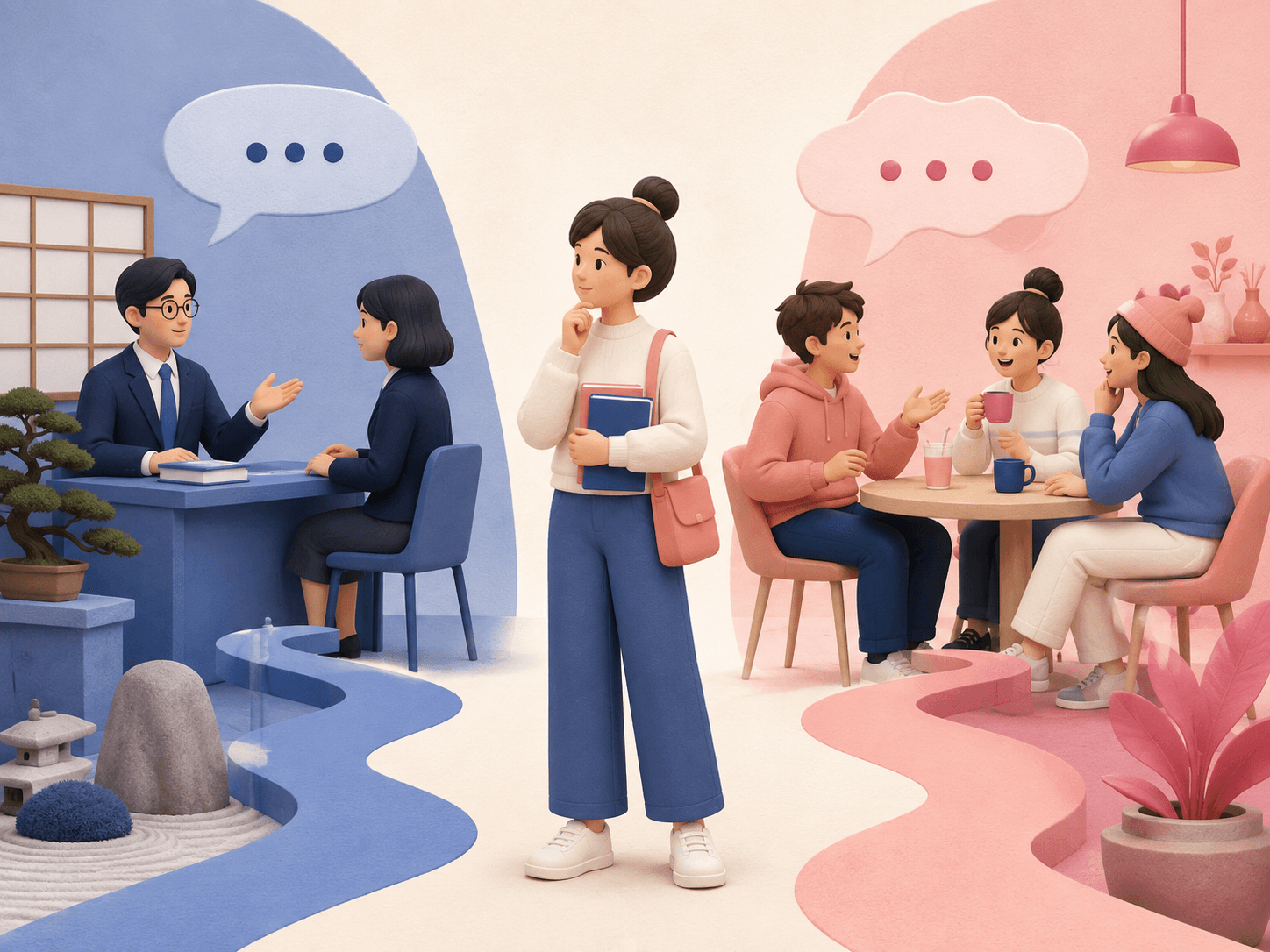 Due scene di conversazione giapponese che mostrano stili di discorso educati e casuali