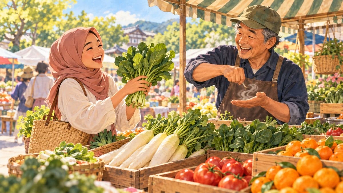 Seorang wanita muda Indonesia memegang sekumpulan sayur-sayuran berdaun di gerai pasar luar yang cerah manakala seorang petani Jepun yang ceria berkopiah menerangkan cara memasaknya.