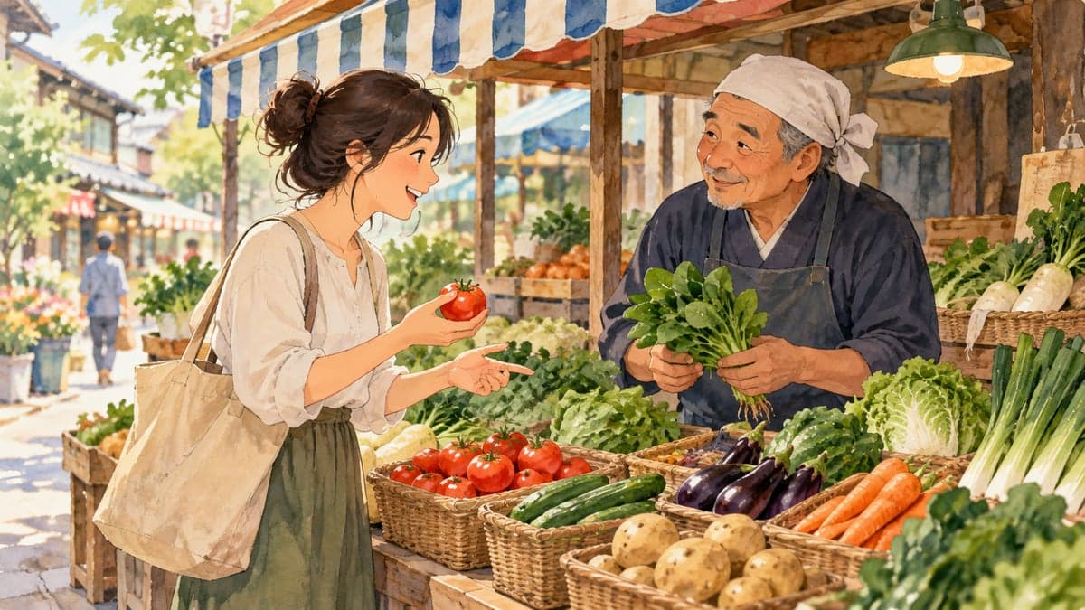 Pelajar menggunakan frasa yang baru dipelajari semasa memilih sayur-sayuran di gerai pasar Jepun yang kecil, seorang pekedai yang lebih tua mendengar dengan baik, bakul hasil dan awning kain berjalur.