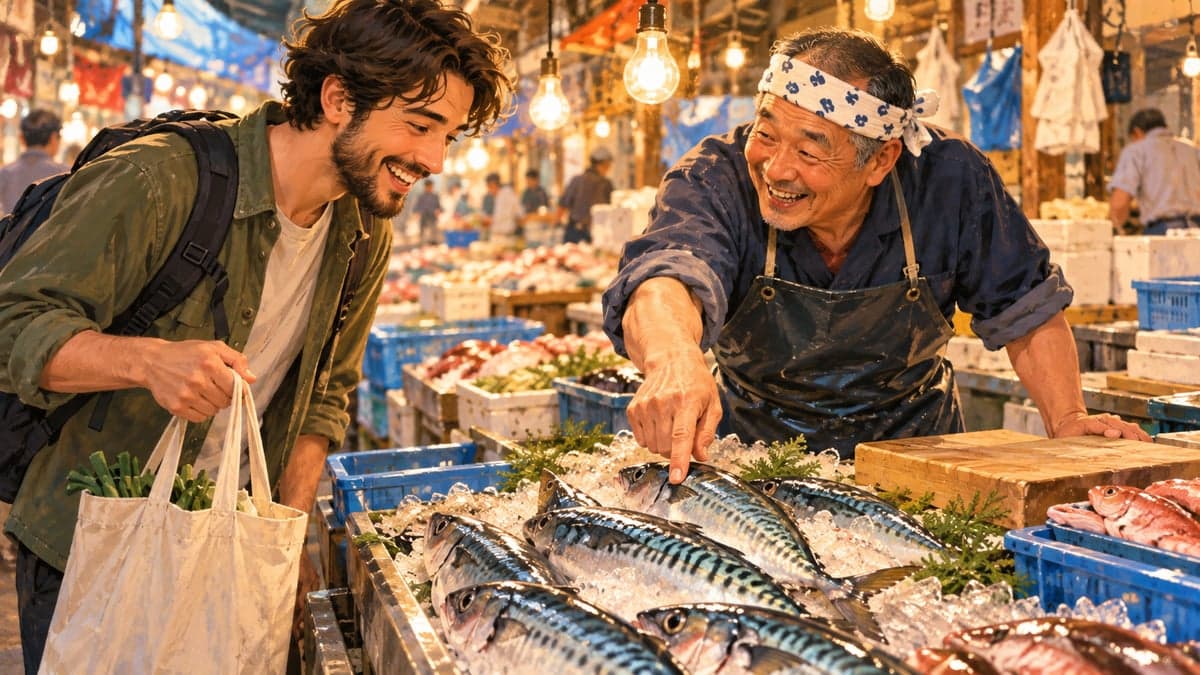 Seorang lelaki muda ketawa ketika penjual ikan yang lebih tua memakai apron getah bersandar pada kaunter ikan segar di atas ais untuk berbual dengannya di pasar berbumbung.