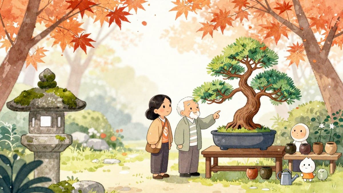 Seorang wanita muda India mendengar ketika seorang penanam warga emas Jepun menunjuk ke arah batang pokok pain bonsai yang berpusing di atas kaki kayu di taman yang tenang dengan pokok maple.