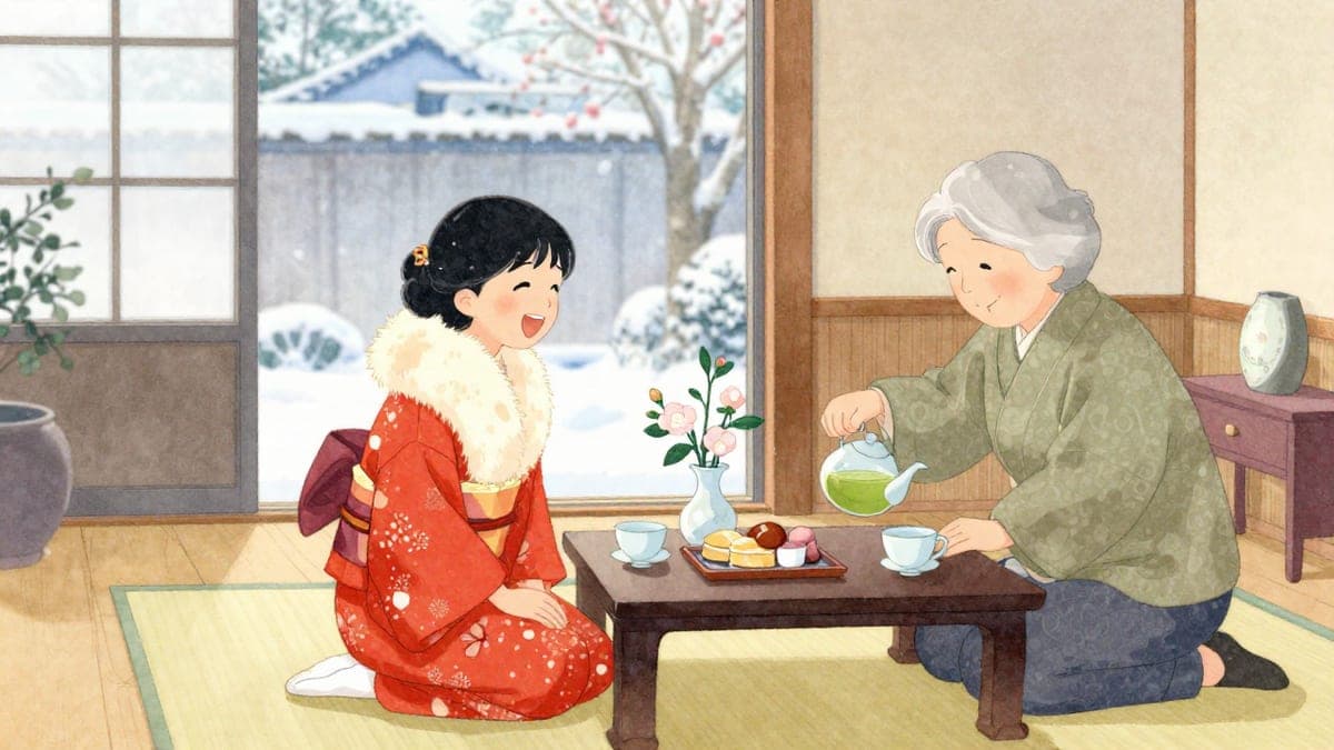 Seorang dewasa baru dalam furisode berbual dengan jiran asingnya yang lebih tua sambil minum teh di meja rendah di ruang tamu keluarga selepas majlis itu.