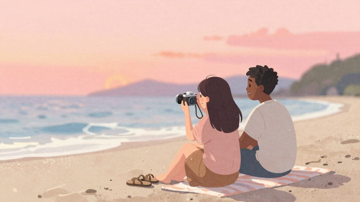 Dua kawan di pantai yang tenang pada waktu senja melihat bersama-sama ke arah kamera filem kecil, dengan ombak lembut dan langit jingga di belakang mereka