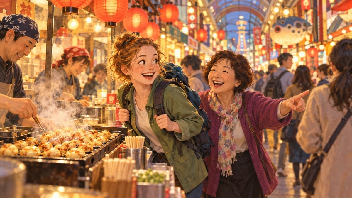 Di jalan membeli-belah yang sesak tetapi ceria dengan lampu tanglung di atas kepala, seorang wanita Osaka ketawa dan memberi isyarat kepada orang ramai ketika rakannya yang melawat melintasi tempat perhentian takoyaki.
