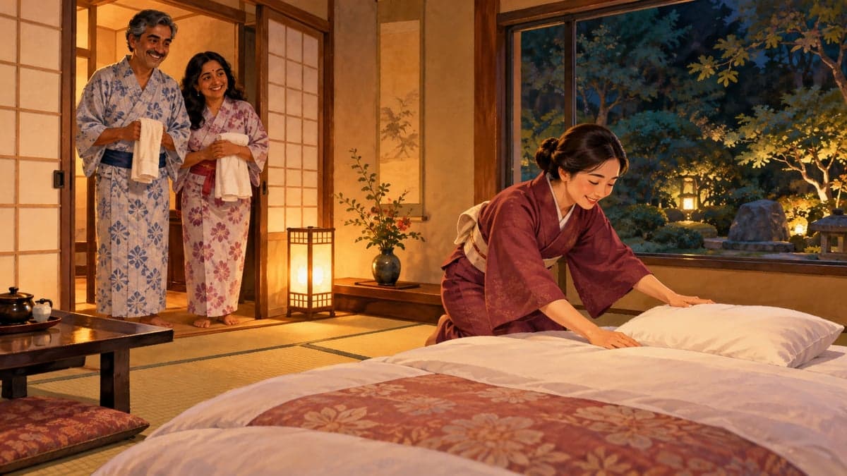 Seorang ryokan kakitangan berkimono melutut untuk melicinkan pakaian yang baru dibaringkan futon manakala pasangan asing di yukata menonton dari ambang pintu tatami bilik mereka.