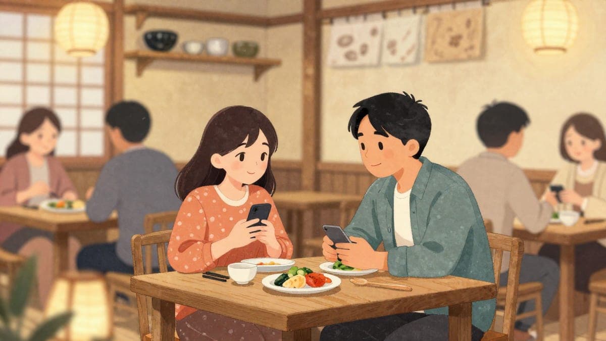 Seorang wanita muda Jepun dan seorang lelaki warga asing tersenyum ketika mereka bercakap merentasi meja izakaya rendah, bersandar di atas pinggan kongsi, manakala rakan-rakan berbual di kedua-dua belah pihak