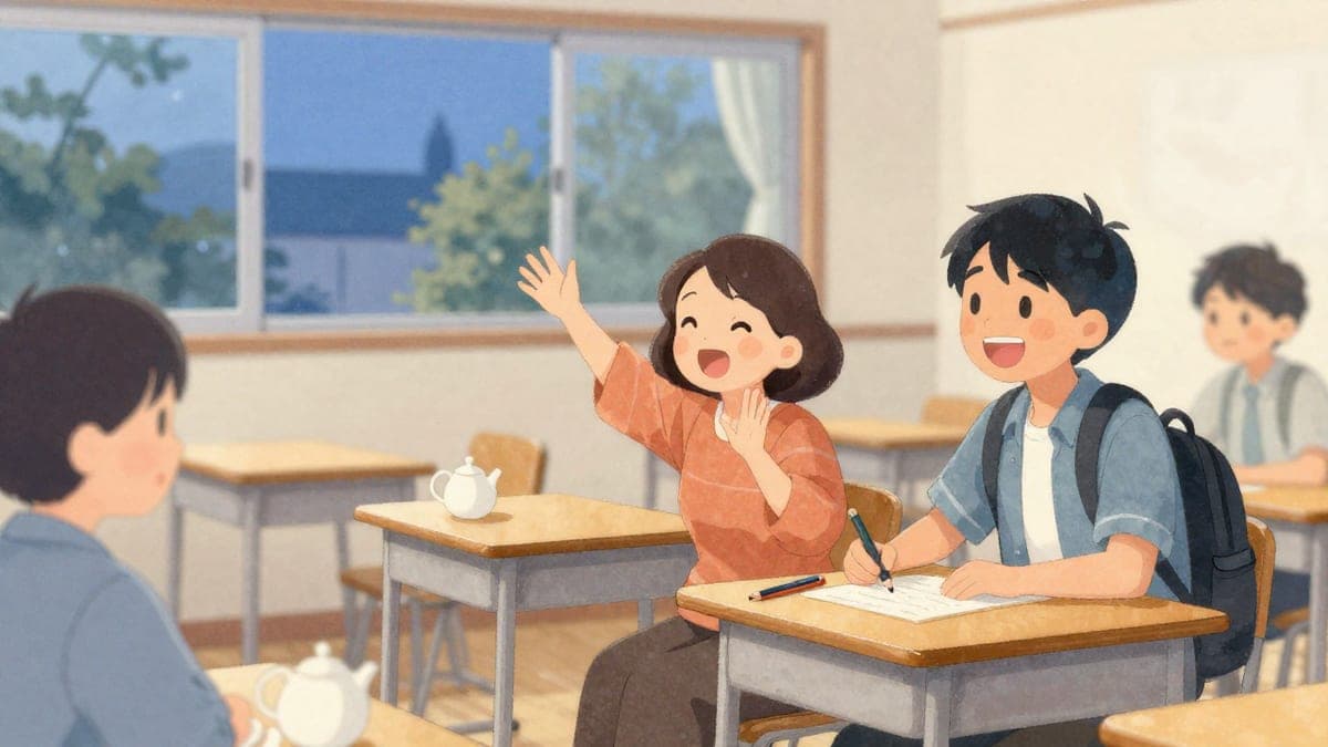 Dua rakan sekelas dewasa di dalam kelas petang yang hangat dengan meja kayu, seorang muntah tangan kerana terkejut apabila yang lain berkongsi berita