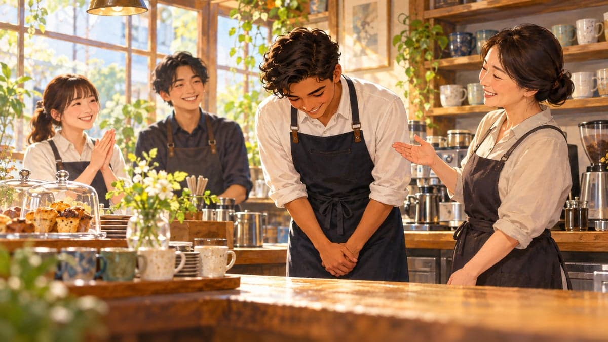 Seorang lelaki muda dalam apron kafe baharu tunduk kepada rakan sekerjanya yang tersenyum di belakang kaunter kayu pada pagi yang cerah, manakala pengurus berdiri di sebelahnya.
