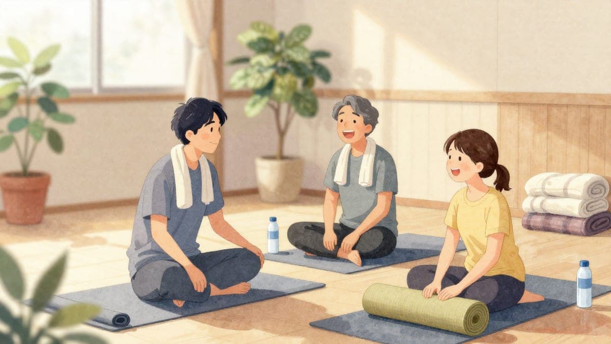 Selepas kelas yoga, seorang guru dan dua pelajar duduk di atas tikar mereka bercakap dan ketawa di dalam studio kayu yang terang.