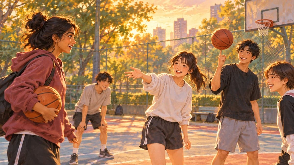 Seorang wanita muda Asia Selatan yang memegang bola keranjang tersenyum ketika dia meminta sekumpulan pelajar Jepun untuk menyertai permainan mereka di gelanggang taman pada lewat petang.
