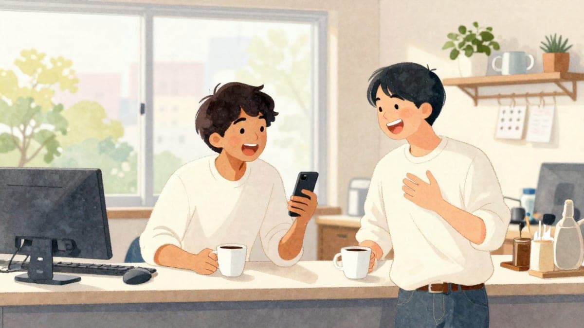 Dua rakan sekerja, seorang lelaki muda India dan seorang lelaki Jepun, berbual sambil minum kopi di dapur pejabat yang terang, lelaki Jepun itu menunjukkan gambar bayi pada telefonnya dengan senyuman bangga.