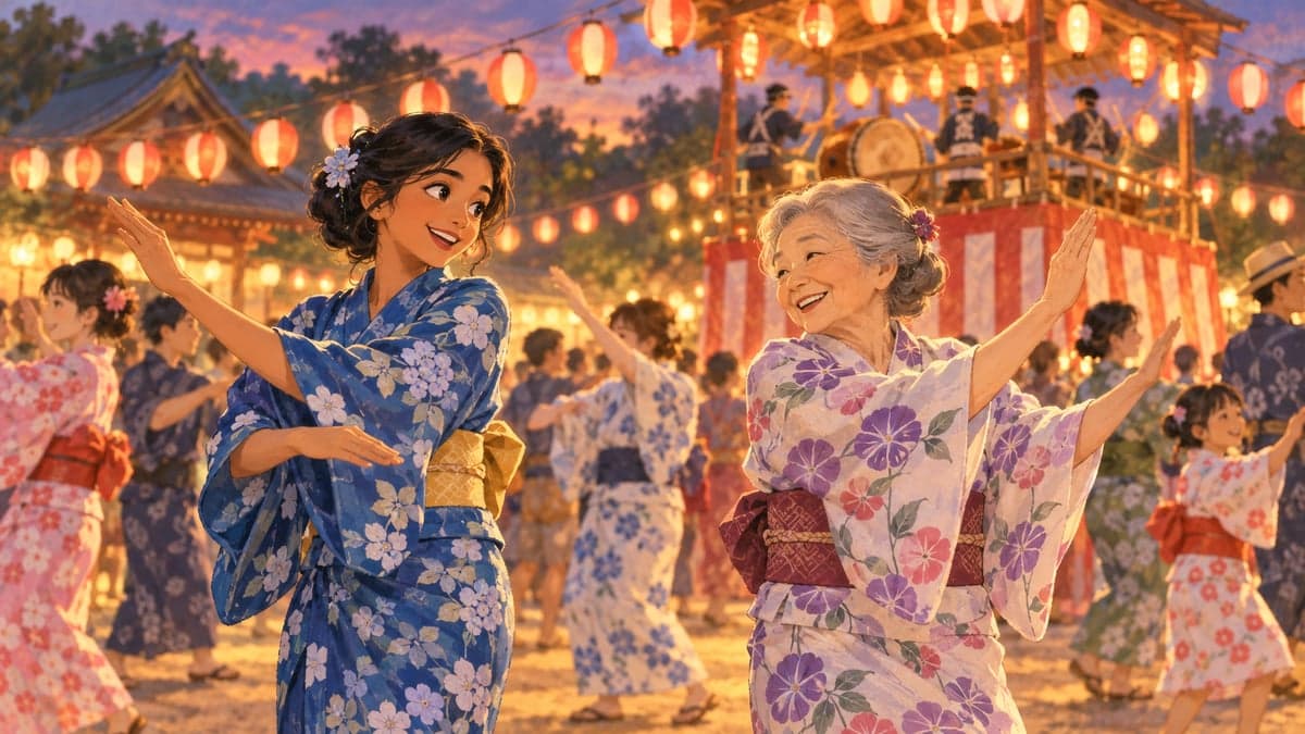 Na letním večerním festivalu mladá Jihoasijka v modrém yukata kopíruje pohyby rukou postarší Japonky v kruhu pod svítícími papírovými lucernami.