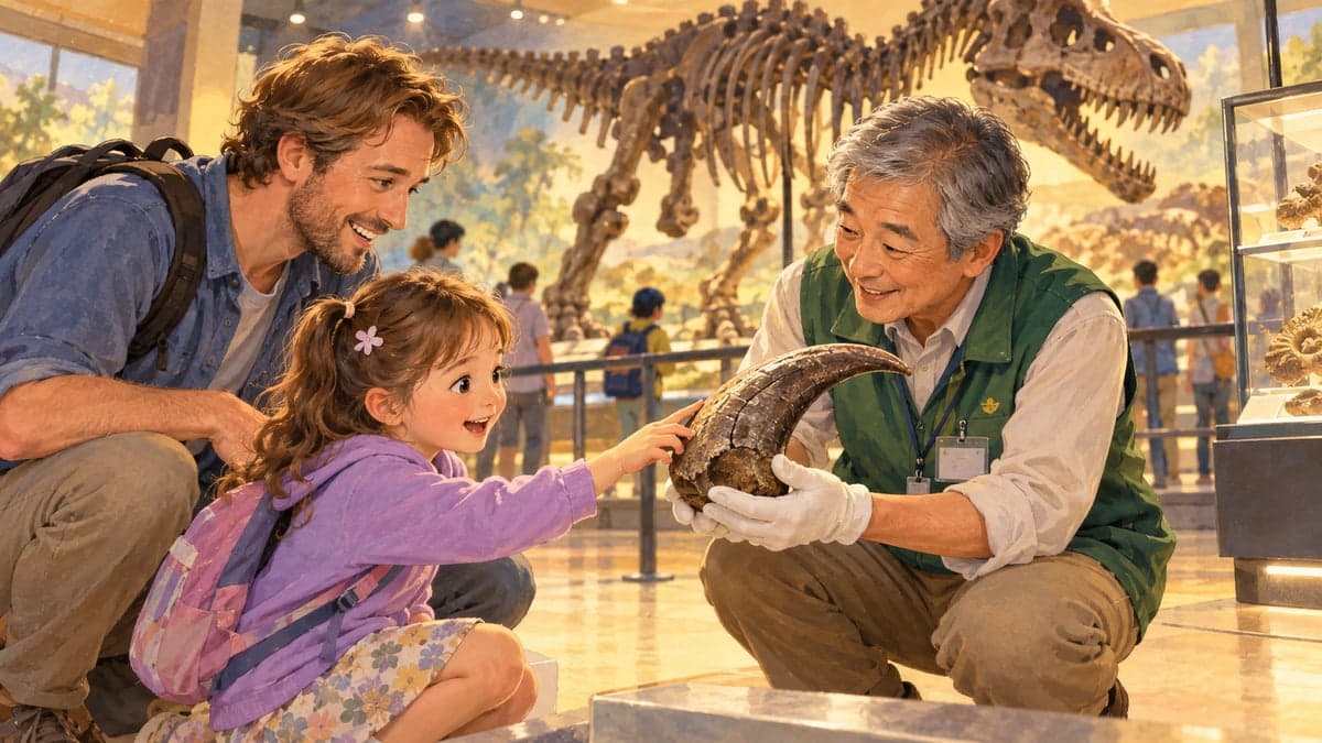 Seorang pemandu muzium Jepun yang ramah membongkok untuk menunjukkan cakar fosil kepada bapa muda Australia dan anak perempuannya yang teruja di sebelah rangka dinosaur yang besar.