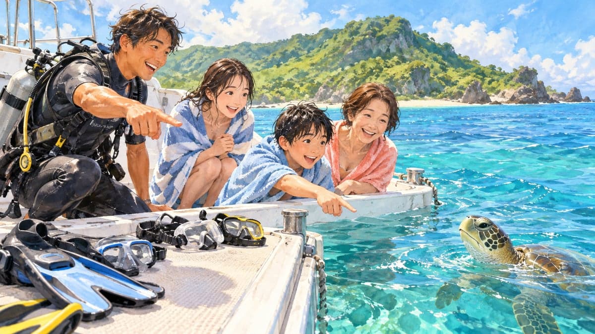 Pemandu menyelam Jepun dan tiga tetamu yang tersenyum dari pelbagai umur duduk berbalut tuala di atas dek bot kecil, menunjuk ke arah laut biru yang jernih selepas menyelam.