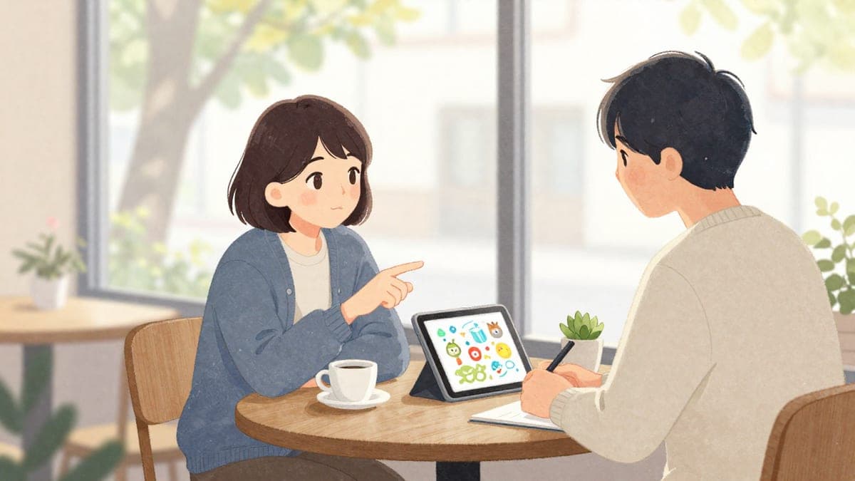 Seorang pekerja bebas dan pelanggan bersandar pada tablet di meja kafe kayu, pekerja bebas itu mengira jarinya sambil pelanggan mengangguk, cawan kopi dan tumbuhan kecil di antara mereka