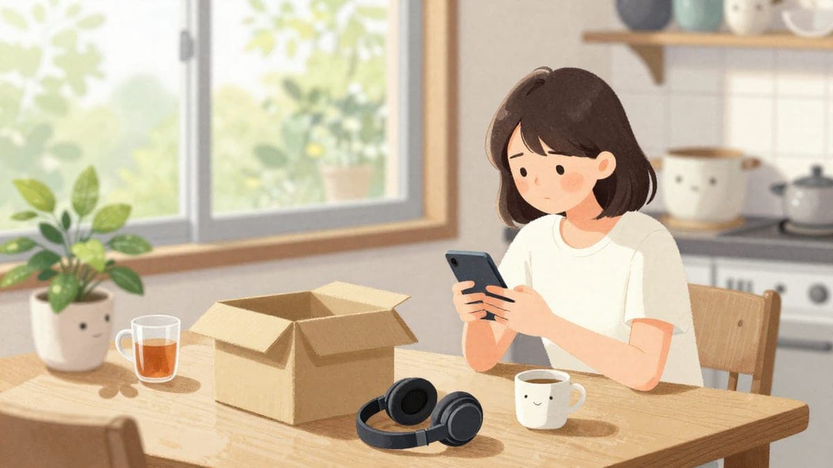 Seorang wanita di meja dapur menaip di telefonnya di sebelah kotak kadbod terbuka dan sepasang fon kepala, tingkap dengan kehijauan di belakangnya
