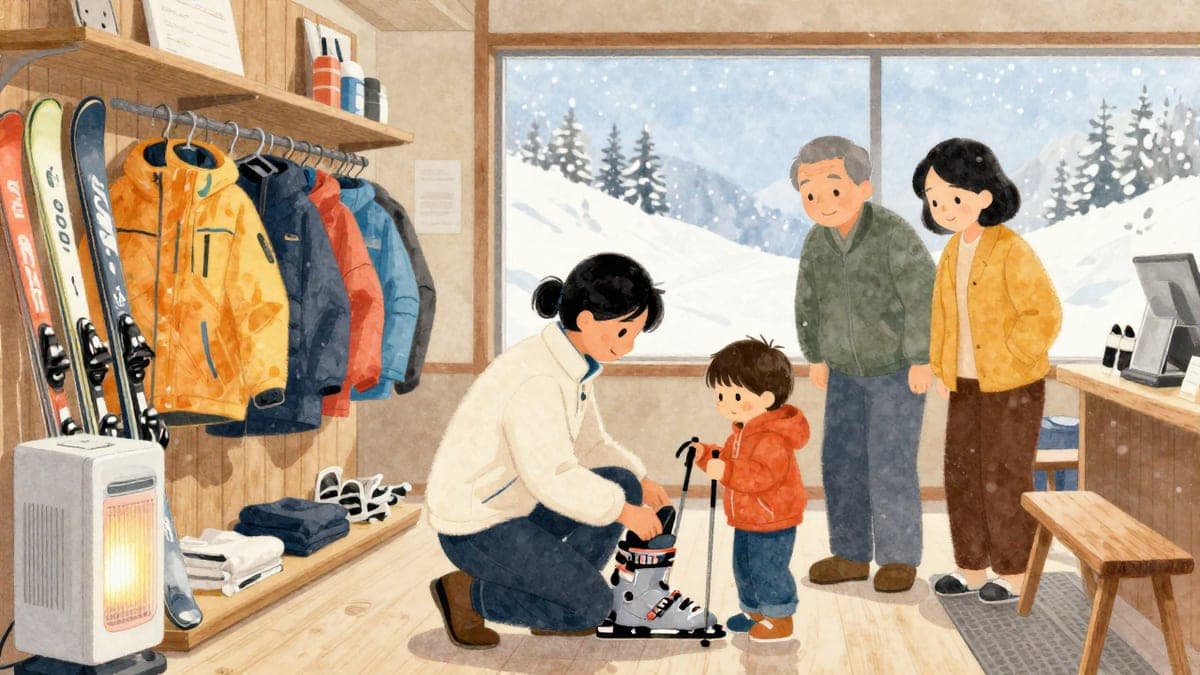 Seorang pekerja kedai sewa berlutut untuk memeriksa but ski kanak-kanak semasa ibu bapa menonton, deretan ski dan jaket terang di sepanjang dinding kayu di belakang
