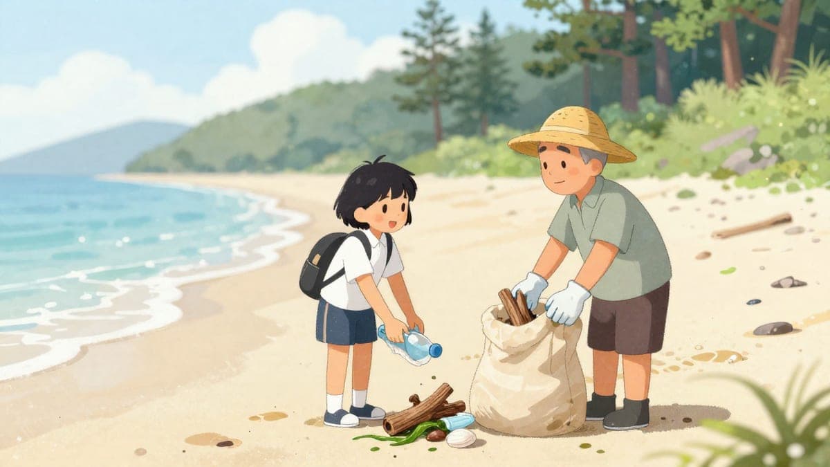 Seorang pelajar asing muda dan seorang lelaki Jepun yang lebih tua dengan sarung tangan kerja mengambil kayu hanyut dan plastik di sepanjang garis pasang surut pantai yang cerah, berbual sambil mereka bekerja.