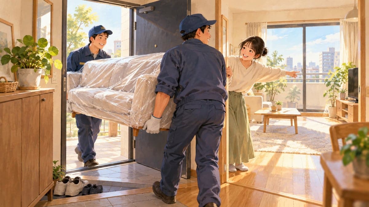 Dua pekerja penghantaran membawa sofa berbalut melalui pintu sebuah flat kecil manakala seorang wanita muda Korea membuka pintu dan menunjuk ke ruang tamu.